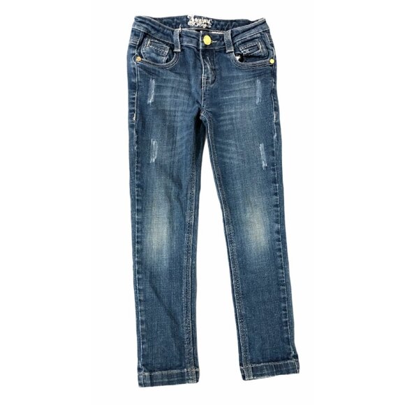 Jeans Distressed Women 7 Blue Medium Wash Pockets Straight Leg Low Rise Slimming - Picture 1 of 7
